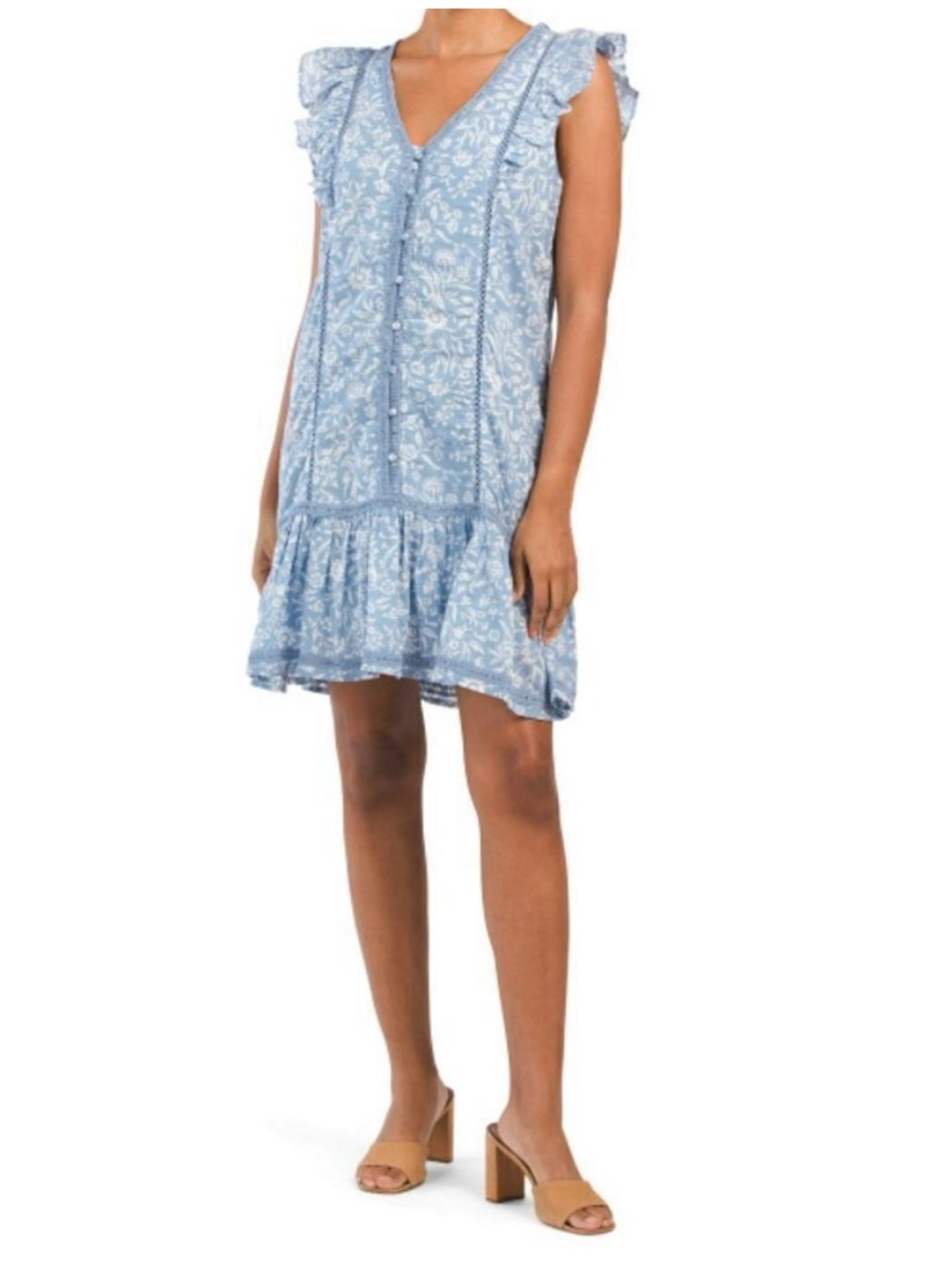 Lucky Brand Women’s Light Blue Paisley Floral Flutter Sleeve V-Neck Mini Dress